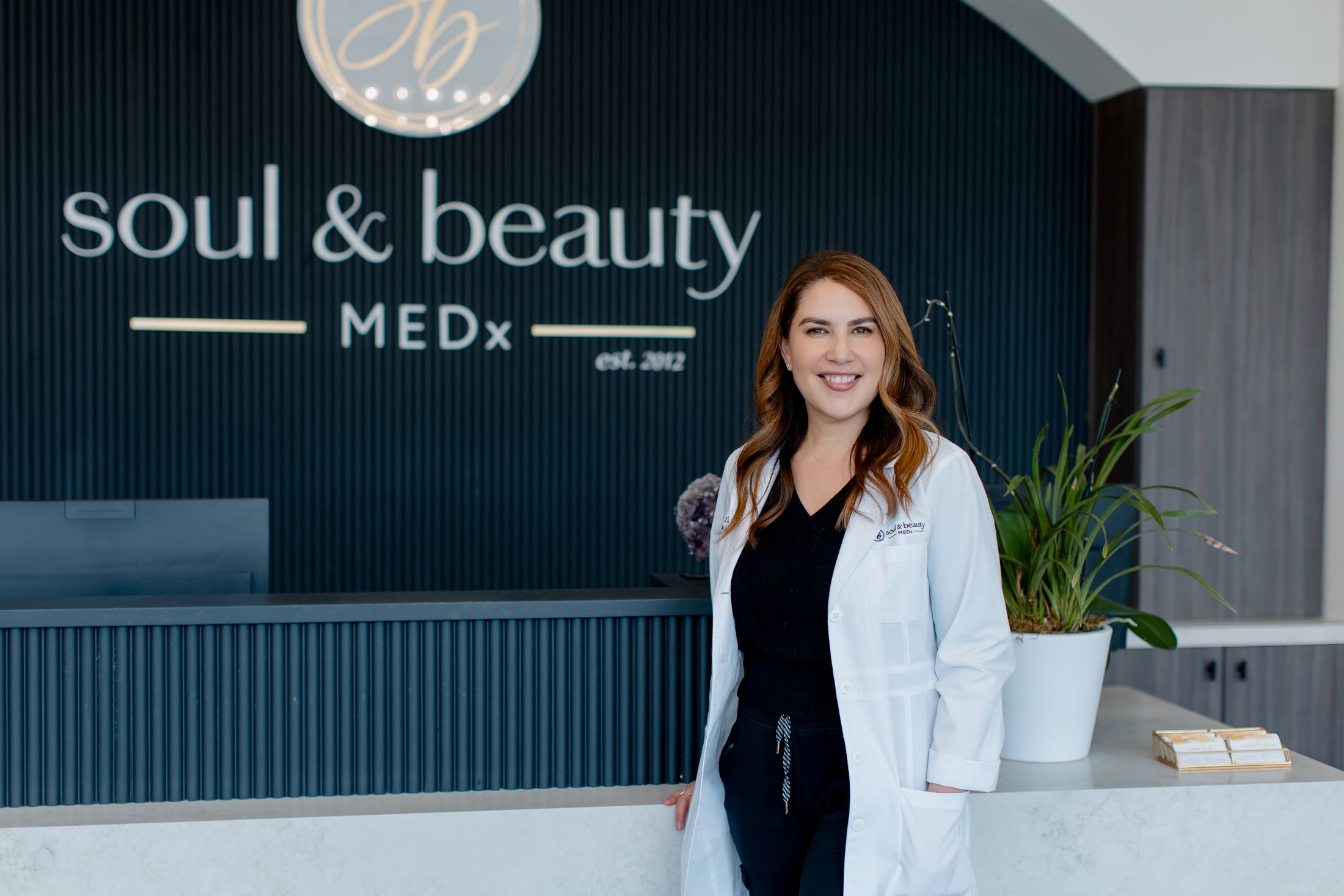 Linda Rank, PA-C, in medical office environment, soul&beautyMEDx, Orange County Med Spa.